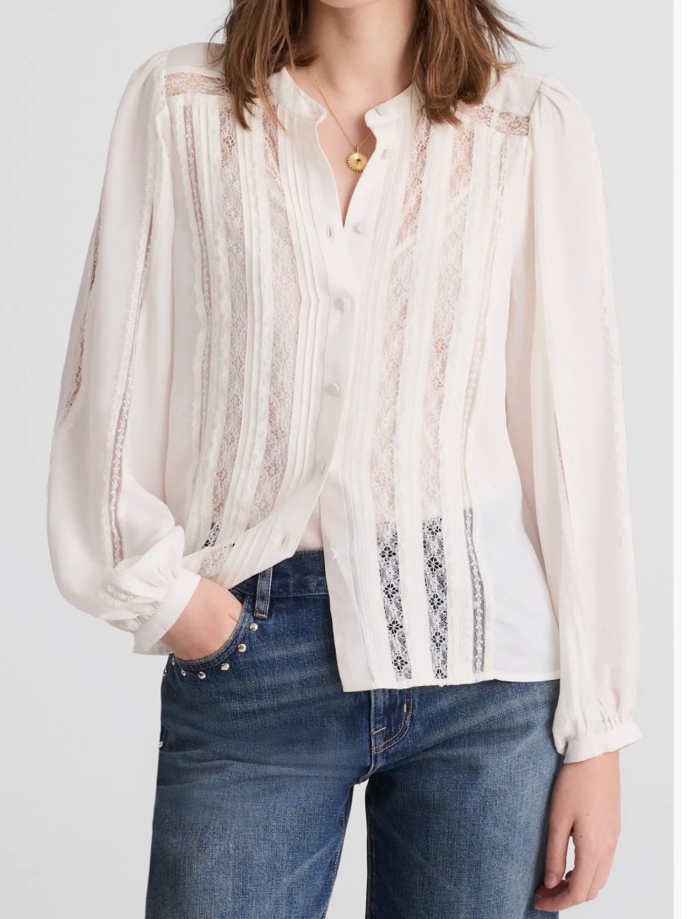 NWT Madewell Lace Inset Long Sleeve Button-Up Top size XS